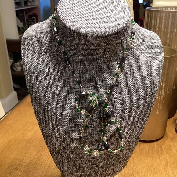 Hematite, Green and Clear Crystal Open Lariat Necklace with Black Bangle - Picture 4 of 8